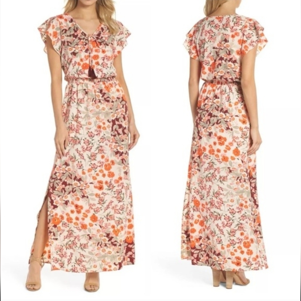 NWT Adrianna Papell Floral Geranium Multi Ruffle Cap Sleeve Maxi Dress